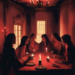 The room they entered was lit by flickering candles, casting an eerie glow on the faces of the men and women gathered around a large, scratched table