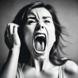 A black and white aesthetic image of a woman screaming, capturing raw emotion and intensity