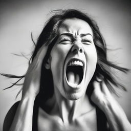 A black and white aesthetic image of a woman screaming, capturing raw emotion and intensity