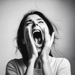 A black and white aesthetic image of a woman screaming, capturing raw emotion and intensity