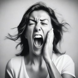 A black and white aesthetic image of a woman screaming, capturing raw emotion and intensity