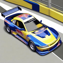 A detailed image of a Nissan S15 track car featuring a vibrant Red Bull Sunoco livery