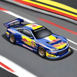 A detailed image of a Nissan S15 track car featuring a vibrant Red Bull Sunoco livery