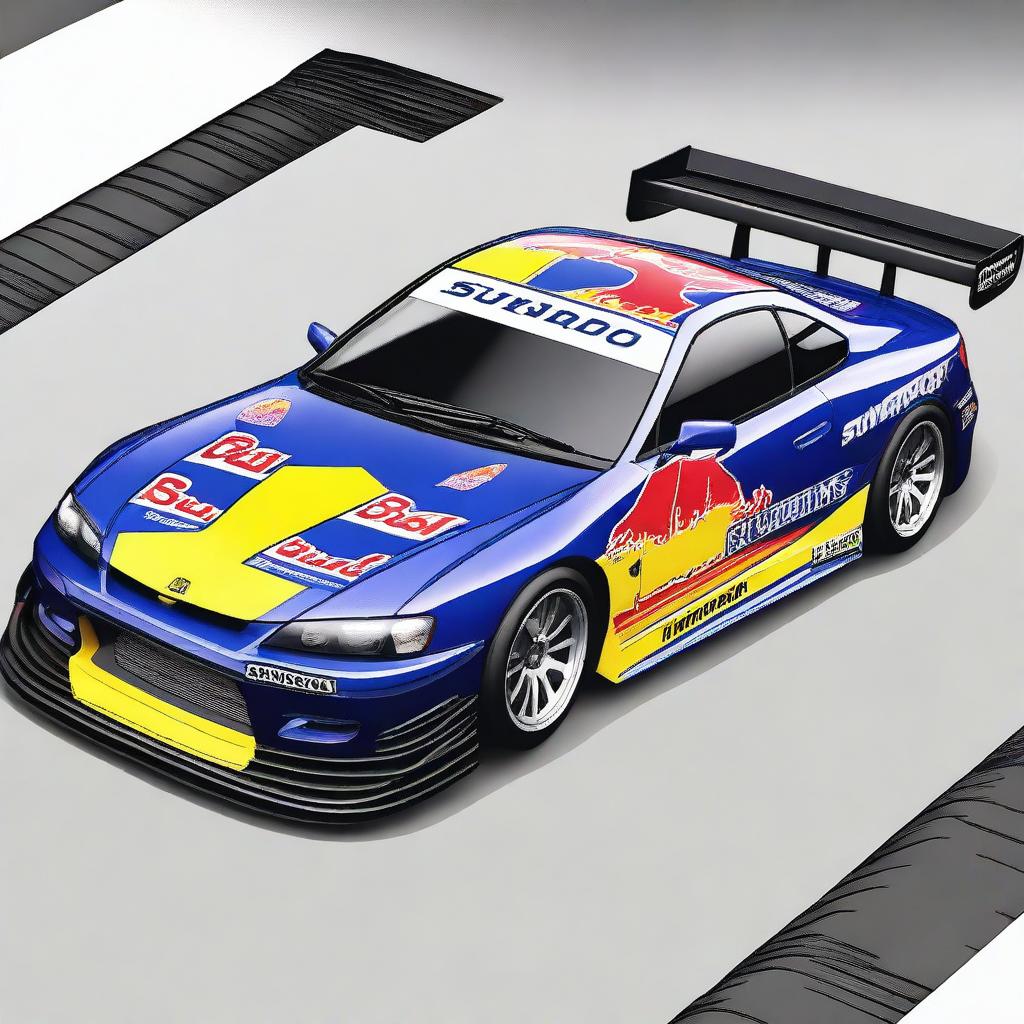 A detailed image of a Nissan S15 track car featuring a vibrant Red Bull Sunoco livery