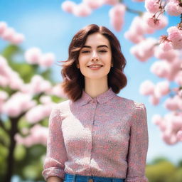 A beautiful and confident trans girl standing in a serene park, with a gentle smile on her face