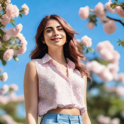 A beautiful and confident trans girl standing in a serene park, with a gentle smile on her face