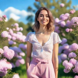 A beautiful and confident trans girl standing in a serene park, with a gentle smile on her face