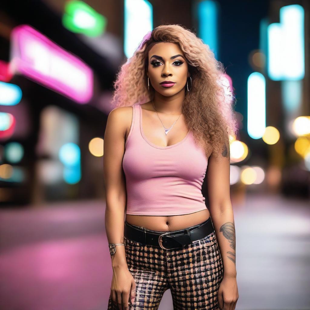 A confident and stylish trans woman standing in an urban setting, showcasing her unique fashion sense