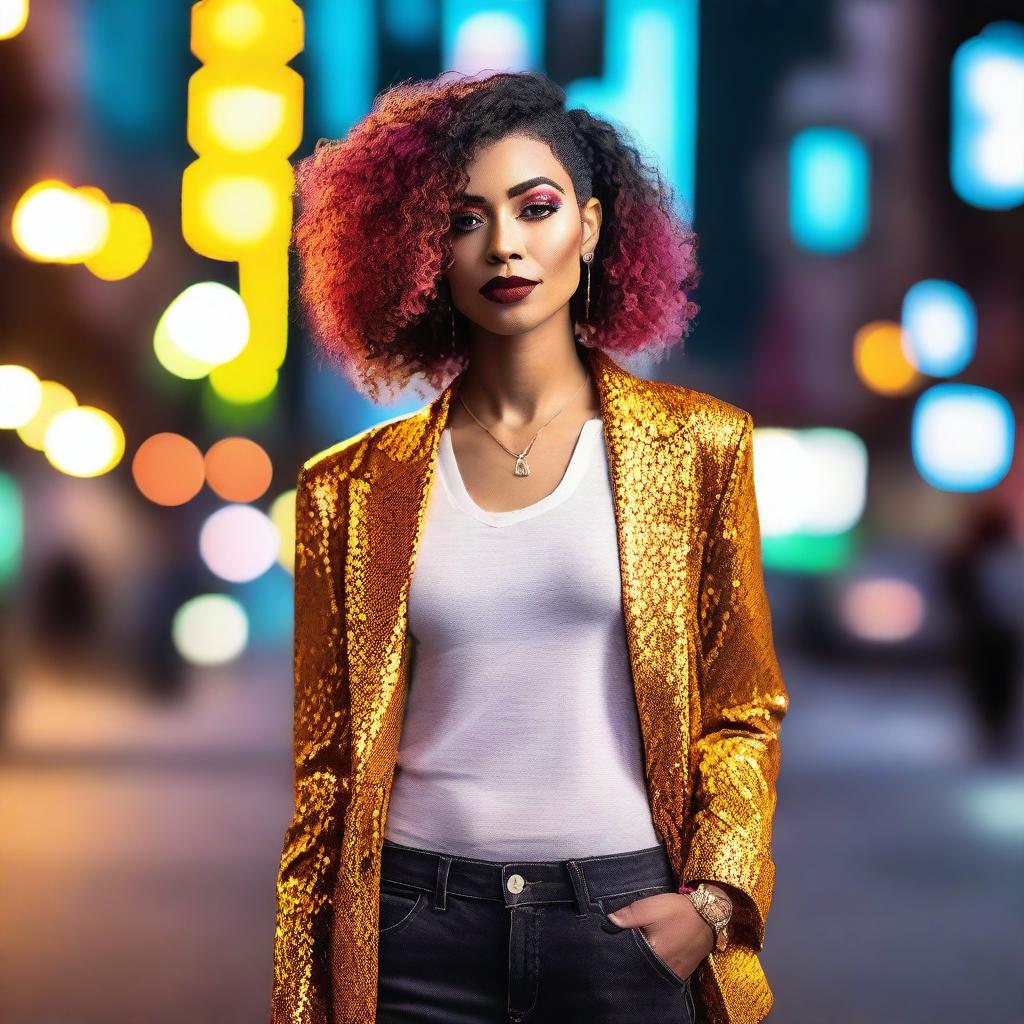 A confident and stylish trans woman standing in an urban setting, showcasing her unique fashion sense