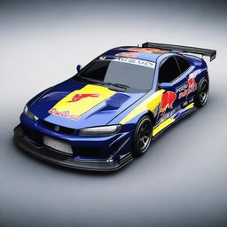 A detailed image of a Nissan S15 track car in dark midnight blue color featuring a vibrant Red Bull Sunoco Nismo livery