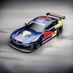 A detailed image of a Nissan S15 track car in dark midnight blue color featuring a vibrant Red Bull Sunoco Nismo livery