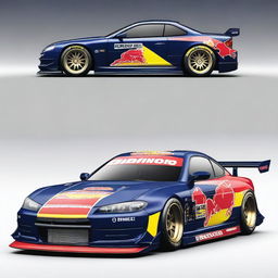 A detailed image of a Nissan S15 track car in dark midnight blue color featuring a vibrant Red Bull Sunoco Nismo livery