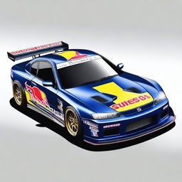 A detailed image of a Nissan S15 track car in dark midnight blue color featuring a vibrant Red Bull Sunoco Nismo livery