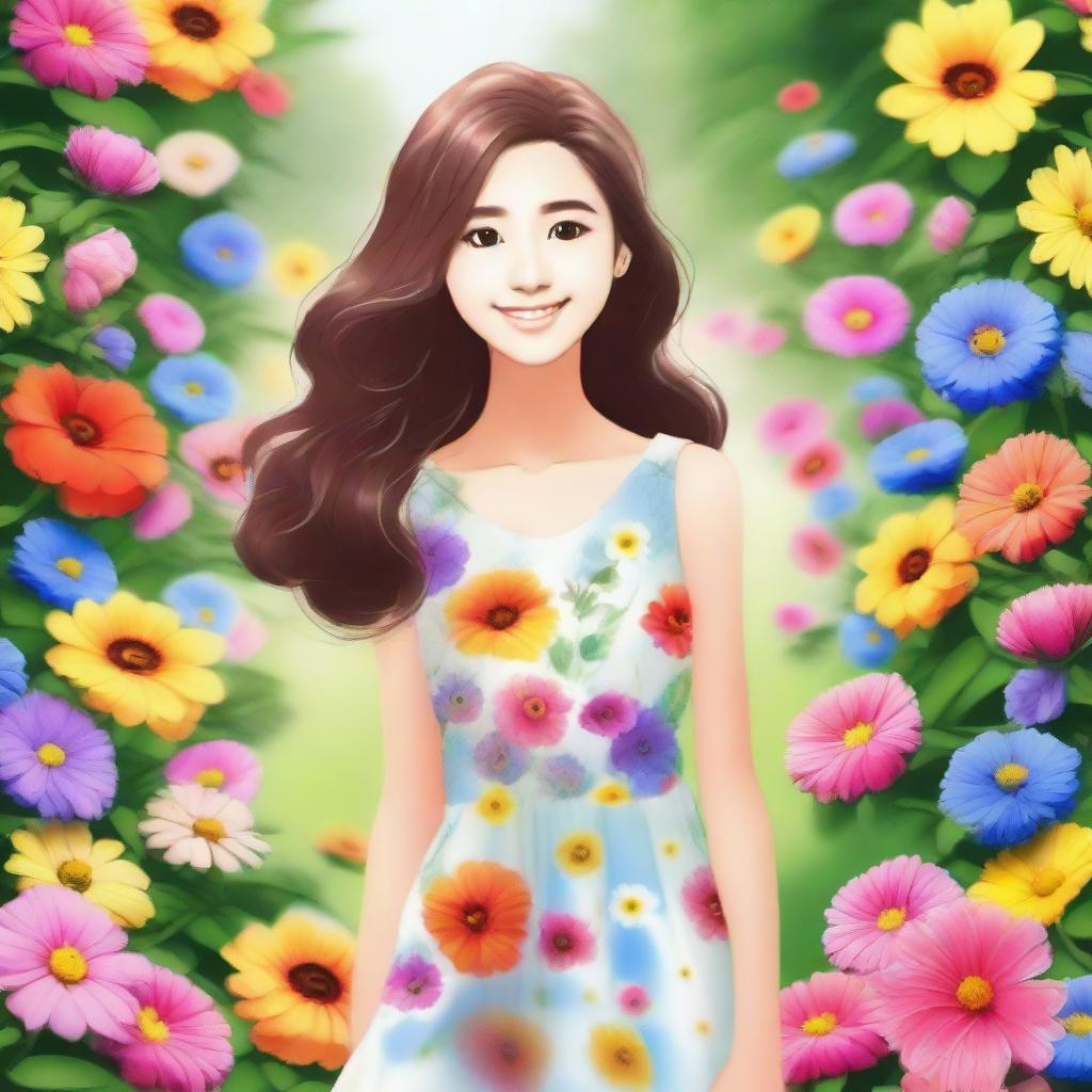 Create an image of a girl with a bright smile, standing in a beautiful garden filled with colorful flowers