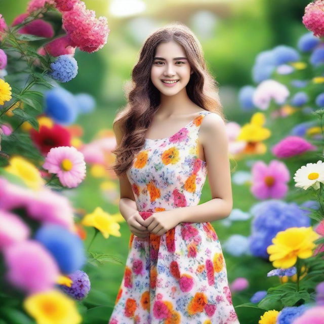 Create an image of a girl with a bright smile, standing in a beautiful garden filled with colorful flowers