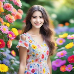 Create an image of a girl with a bright smile, standing in a beautiful garden filled with colorful flowers