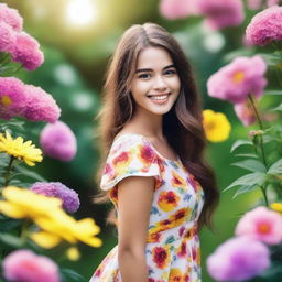 Create an image of a girl with a bright smile, standing in a beautiful garden filled with colorful flowers