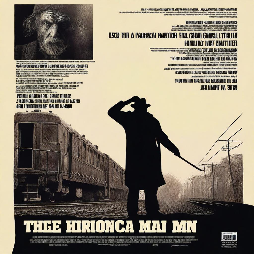 Create a movie trailer poster for 'The Harmonica Man', a horror movie about a hobo who gets injured in a train crash and left to die, now seeking vengeance