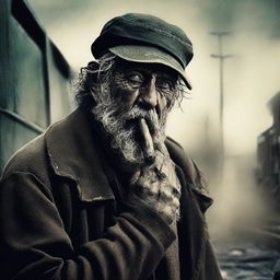 Create a movie trailer poster for 'The Harmonica Man', a horror movie about a hobo who gets injured in a train crash and left to die, now seeking vengeance