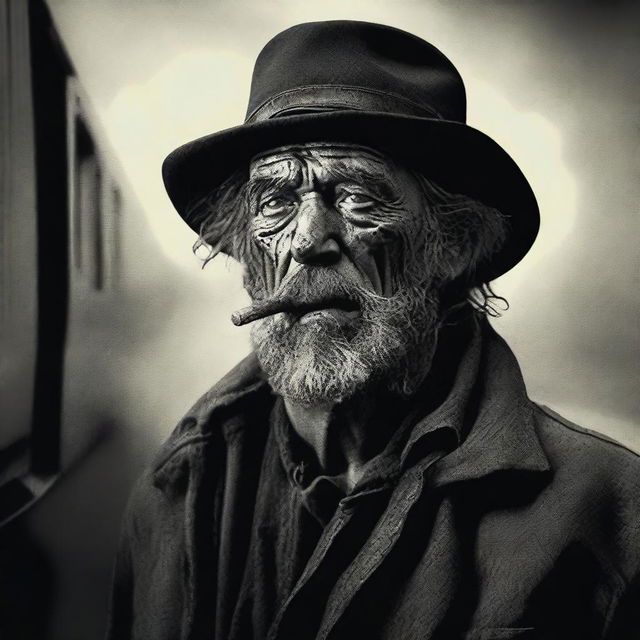 Create a movie trailer poster for 'The Harmonica Man', a horror movie about a hobo who gets injured in a train crash and left to die, now seeking vengeance