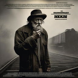 Create a movie trailer poster for 'The Harmonica Man', a horror movie about a hobo who gets injured in a train crash and left to die, now seeking vengeance