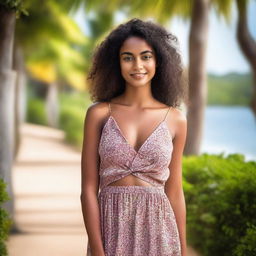 A beautiful young woman from Mauritius with dark skin, wearing a sundress