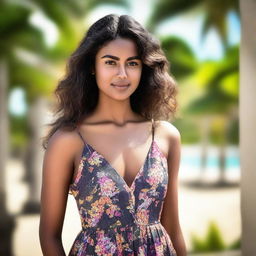 A beautiful young woman from Mauritius with dark skin, wearing a sundress