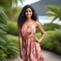 A beautiful young woman from Mauritius with dark skin, wearing a sundress