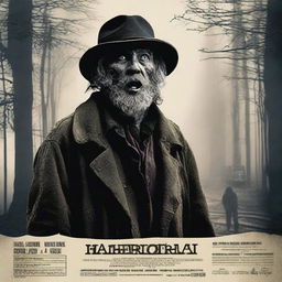 Create a spine-chilling movie trailer poster for 'The Harmonica Man', a horror movie about a hobo who gets injured in a train crash and left to die, now seeking vengeance