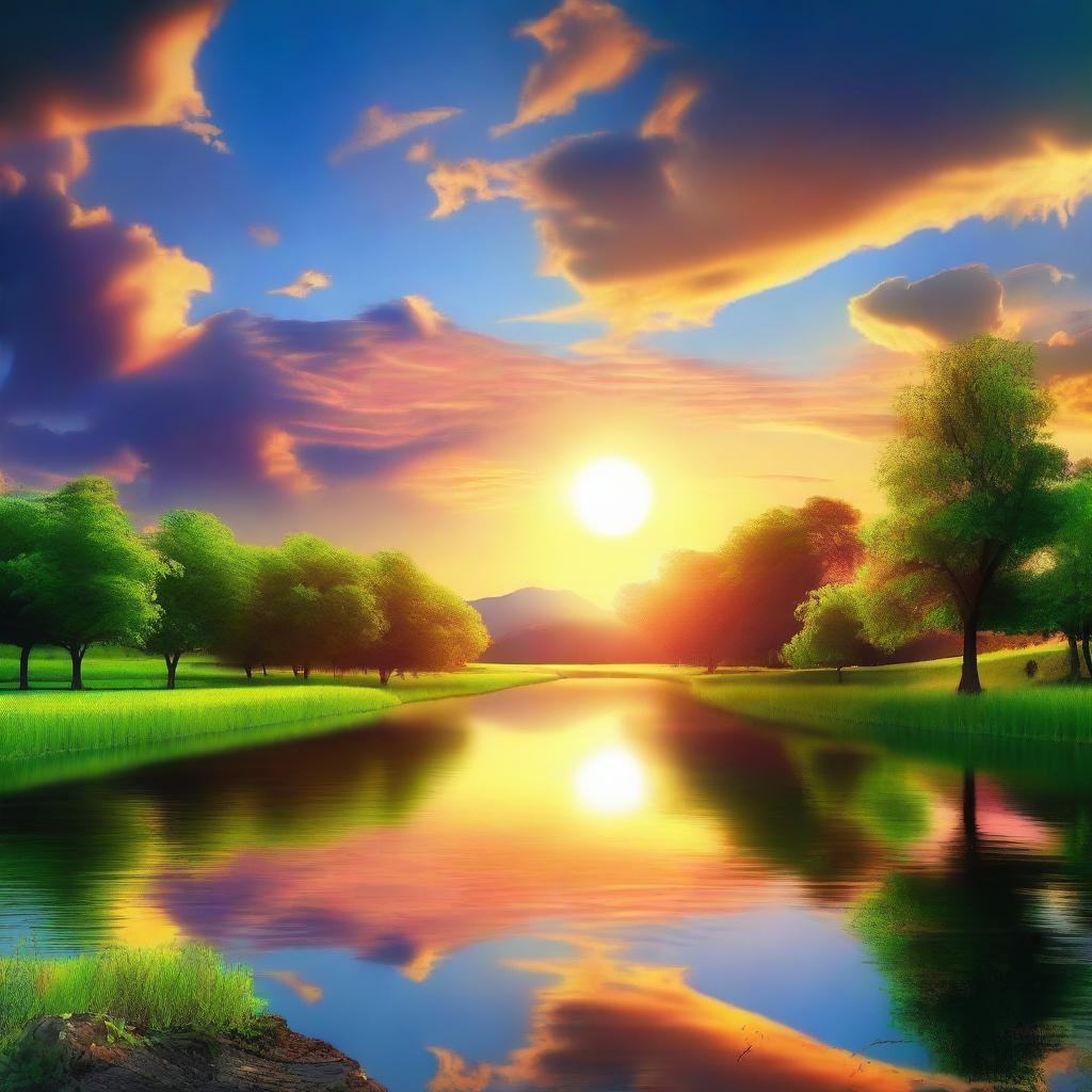 A surreal image of the sun rising from the west over a serene landscape, with vibrant colors illuminating the sky