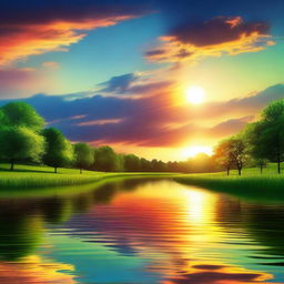 A surreal image of the sun rising from the west over a serene landscape, with vibrant colors illuminating the sky