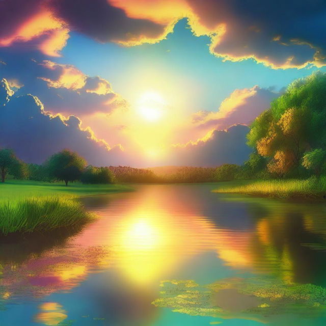 A surreal image of the sun rising from the west over a serene landscape, with vibrant colors illuminating the sky