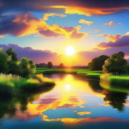 A surreal image of the sun rising from the west over a serene landscape, with vibrant colors illuminating the sky