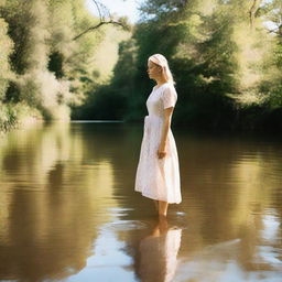 A blonde woman standing in a shallow river, surrounded by nature