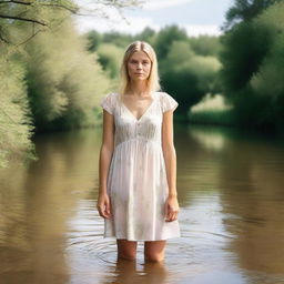 A blonde woman standing in a shallow river, surrounded by nature