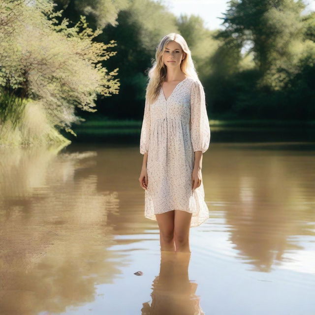 A blonde woman standing in a shallow river, surrounded by nature