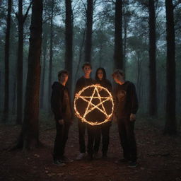 Three teenage boys and one teenage girl standing around a blazing pentagram in a dark forest at night, full of enigmatic aura.