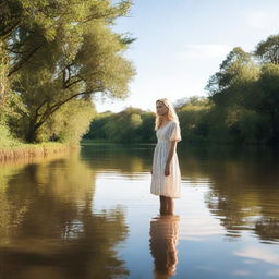 A blonde woman standing in a shallow river, surrounded by nature