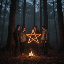 Three teenage boys and one teenage girl standing around a blazing pentagram in a dark forest at night, full of enigmatic aura.