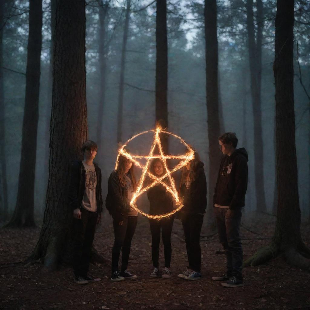 Three teenage boys and one teenage girl standing around a blazing pentagram in a dark forest at night, full of enigmatic aura.