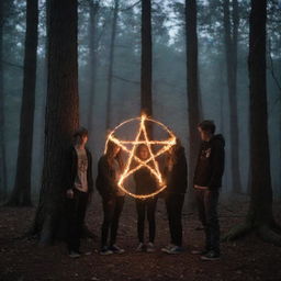 Three teenage boys and one teenage girl standing around a blazing pentagram in a dark forest at night, full of enigmatic aura.