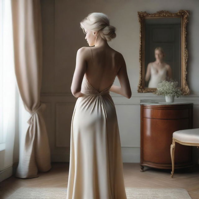 A blonde woman is in the process of changing her dress in a private setting