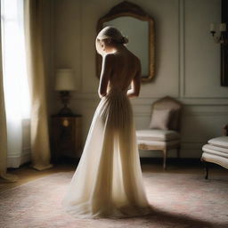 A blonde woman is in the process of changing her dress in a private setting