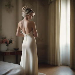 A blonde woman is in the process of changing her dress in a private setting