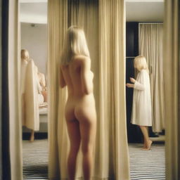 A scene depicting a blonde woman in a changing room