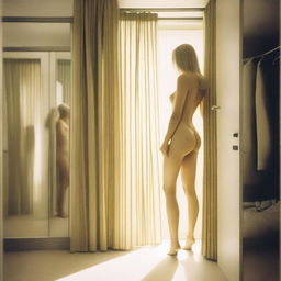 A scene depicting a blonde woman in a changing room