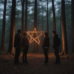 Three teenage boys and one teenage girl standing around a blazing pentagram in a dark forest at night, full of enigmatic aura.