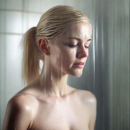 A blonde woman standing in a shower, with water cascading down her hair and shoulders