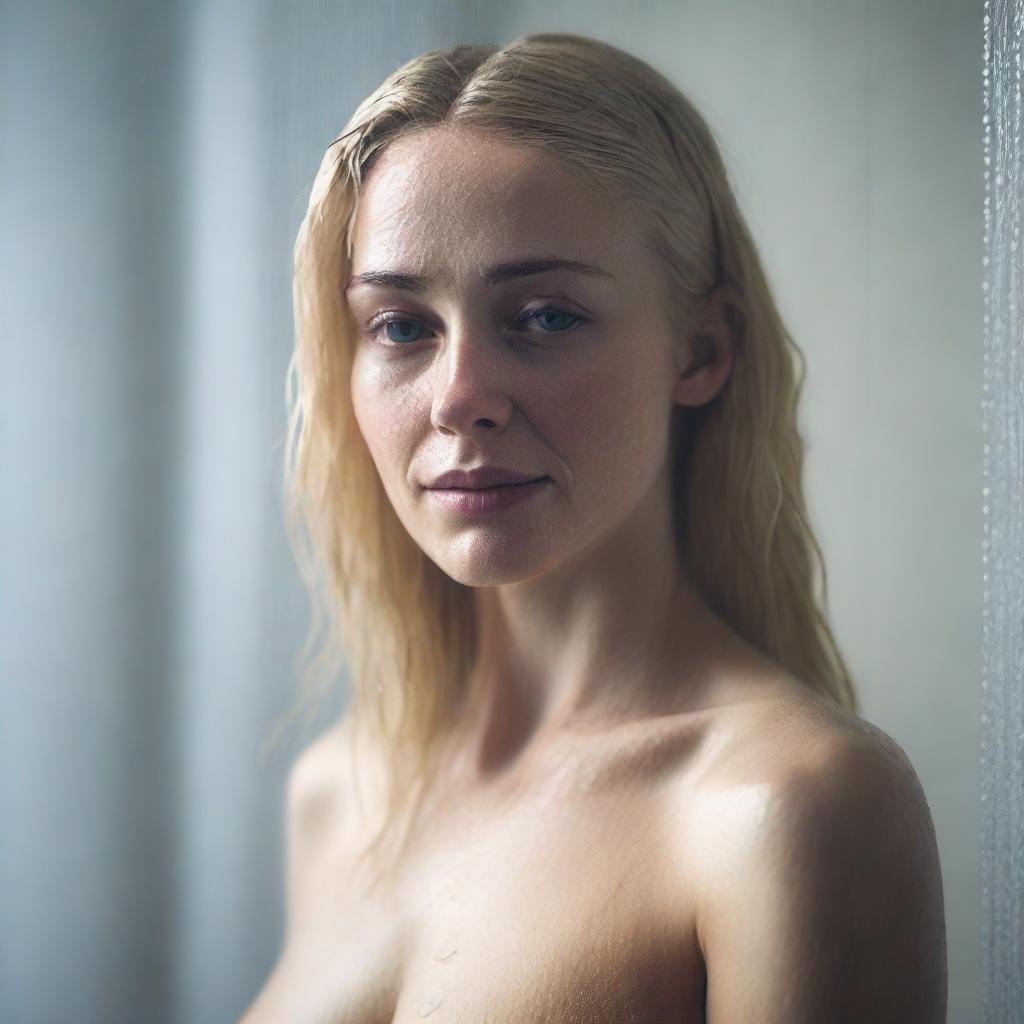 A blonde woman standing in a shower, with water cascading down her hair and shoulders