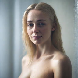 A blonde woman standing in a shower, with water cascading down her hair and shoulders